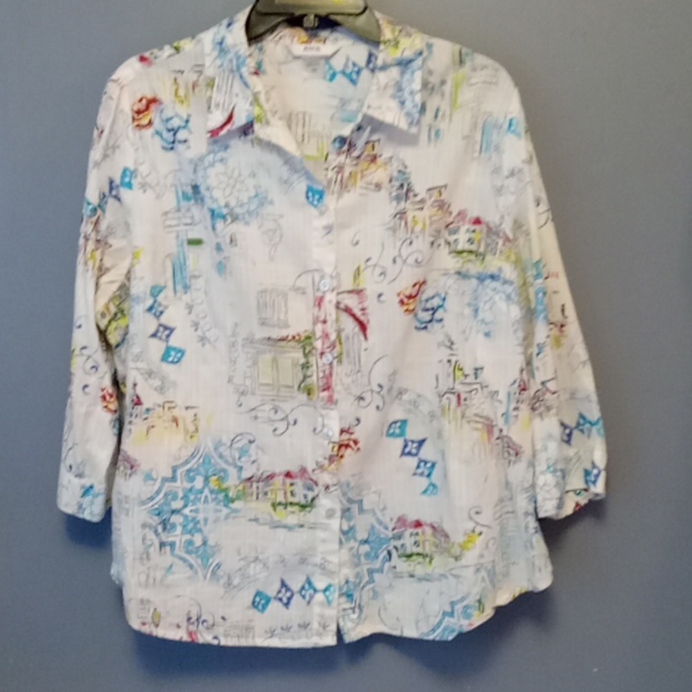 100% cotton paris french print themed blouse in 16P